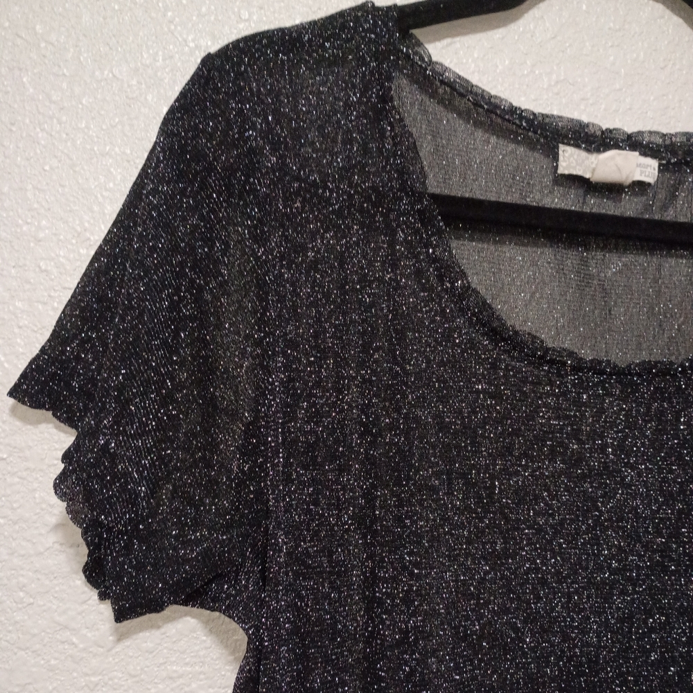 🎉SALE Derek Heart Black Sheer Mesh Sparkling Scoop Neck Top - Picture 3 of 6